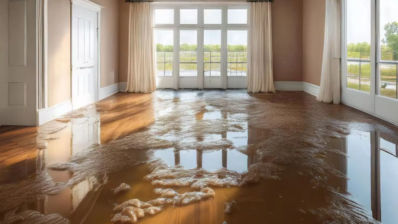 Standing water across the hardwood floor of a bright living room