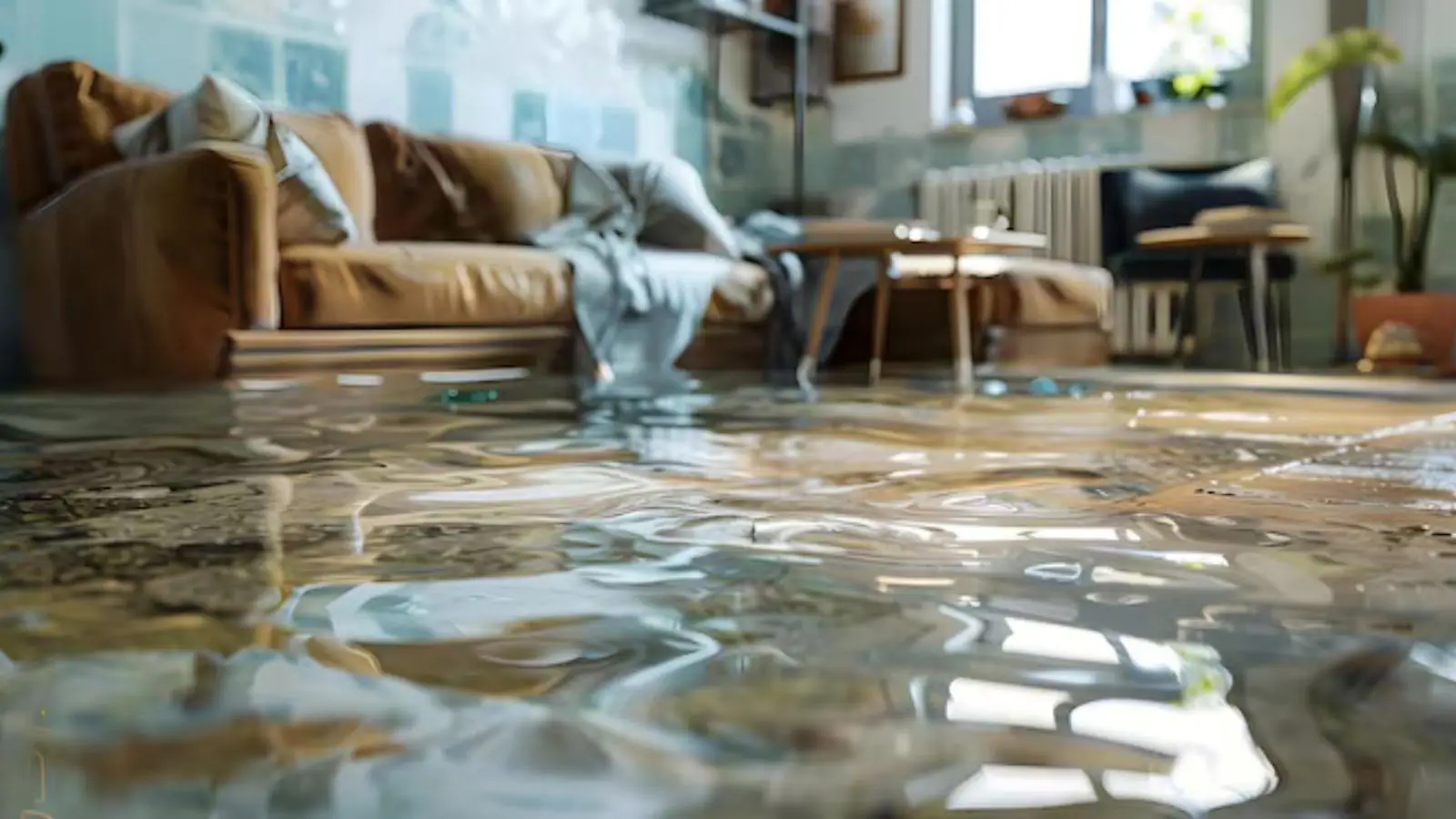 Shallow floodwater on the floor of a living room with a couch